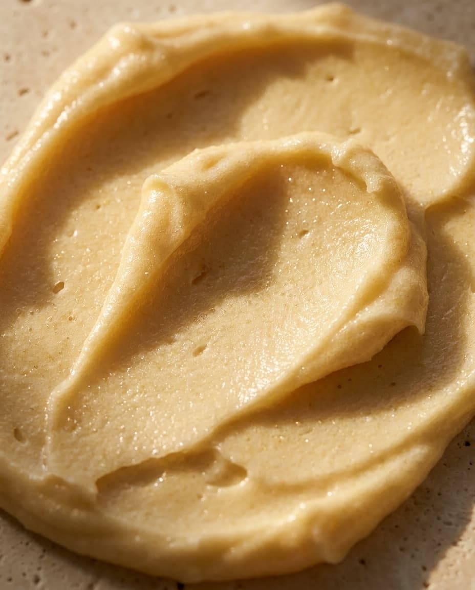 Close view of the whipped Citrus Soufflé scrub, showing the swirled texture and fine sugar crystals catching the light.
