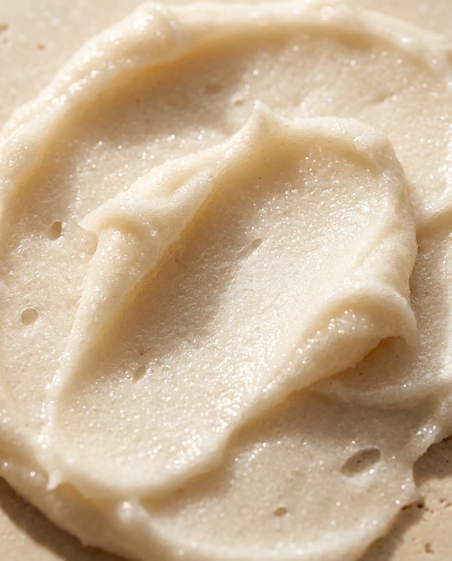 Close view of the whipped Coconut Cashmere scrub, showing the swirled texture and fine sugar crystals catching the light.