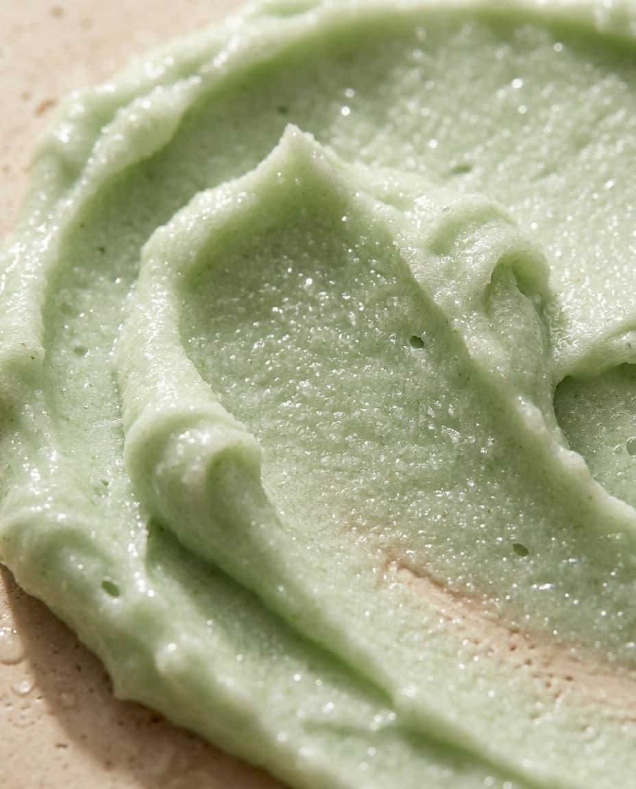 Close view of the whipped Mint Oasis scrub, showing the swirled texture and fine sugar crystals catching the light.